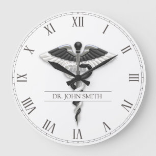 Grande Horloge Ronde Elégant Noir Blanc Noble Classy Caduceus Médicale