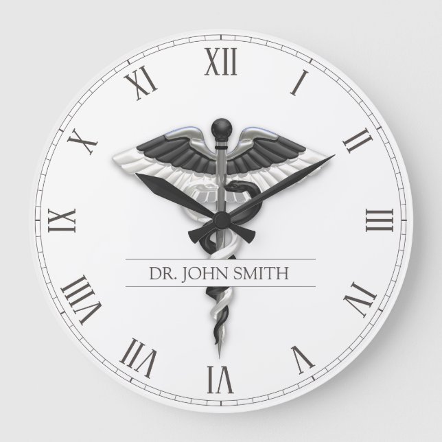 Grande Horloge Ronde Elégant Noir Blanc Noble Classy Caduceus Médicale (Recto)