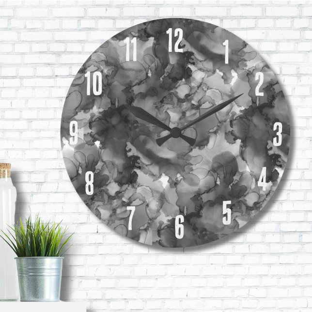 Grande Horloge Ronde Élégant noir blanc simple (Cute Modern Minimal Elegant Gray Black Watercolor Large Clock)