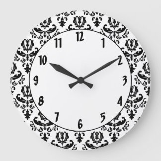 Grande Horloge Ronde Élégant noir sur blanc Damas