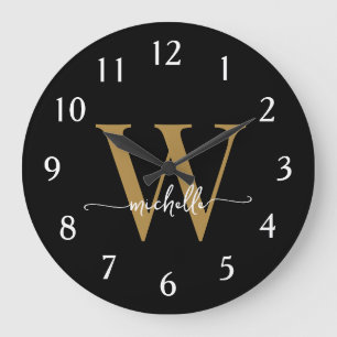 Grande Horloge Ronde Élégant nom de script moderne monogrammé noir or