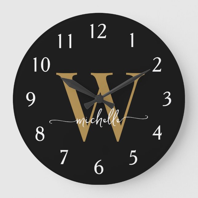 Grande Horloge Ronde Élégant nom de script moderne monogrammé noir or (Recto)