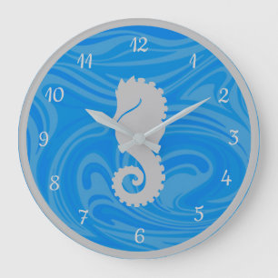 Grande Horloge Ronde Elégant Ocean Blue Seahorse Silver