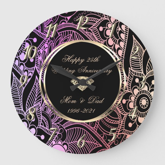 Grande Horloge Ronde Élégant Ombre Mandala 25ème anniversaire de Mariag (Recto)