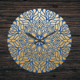 Grande Horloge Ronde Elégant or et bleu floral Mandala