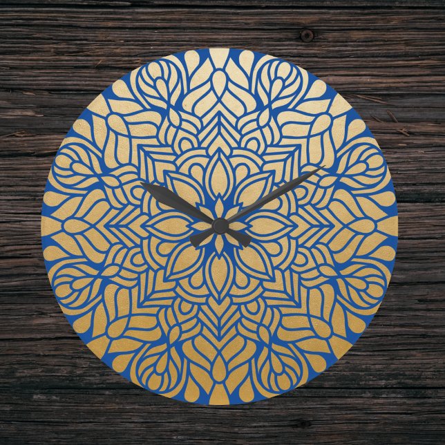 Grande Horloge Ronde Elégant or et bleu floral Mandala (Créateur téléchargé)