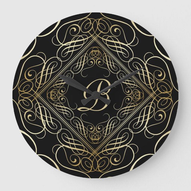 Grande Horloge Ronde Élégant or Foil Look Scrollwork Script sur noir (Recto)