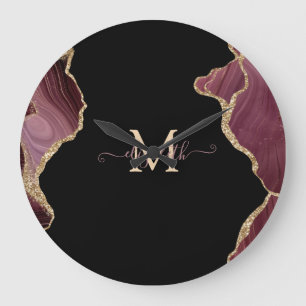 Grande Horloge Ronde Élégant Pailleté Or Agate Bourgogne Élégant