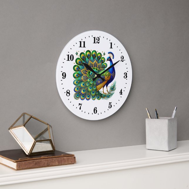Grande Horloge Ronde Elégant paon art déco (Bureau)