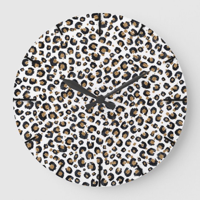 Grande Horloge Ronde Élégant Parties scintillant d'or Motif Leopard (Recto)