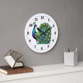 Grande Horloge Ronde Elégant Peacock art déco