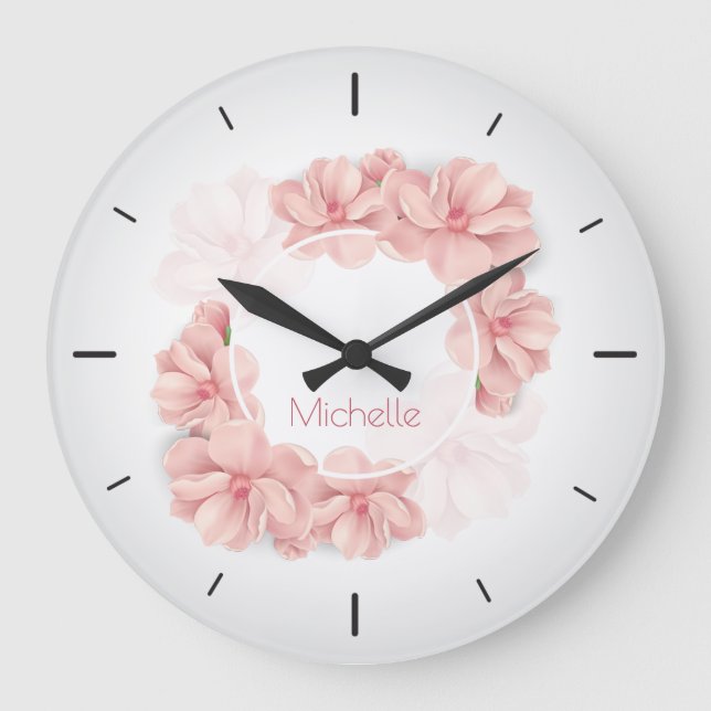 Grande Horloge Ronde Elegant Pink Floral Custom | Wall Clock (Recto)