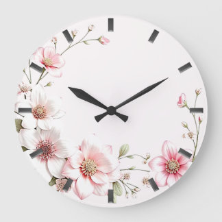 Grande Horloge Ronde Elegant Pink White Floral Wall Clock