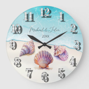 Grande Horloge Ronde Elégant Plage Mariage Coquillages Perles Nautiques