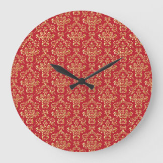Grande Horloge Ronde Elegant Red with Gold Damask Wall Clock