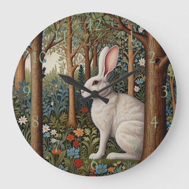 Grande Horloge Ronde Élégant retro lapin boisé boisé fleuri (Recto)