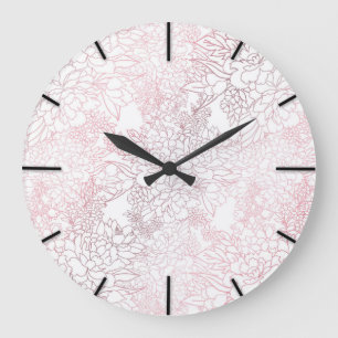 Grande Horloge Ronde Elégant rose floral or strokies doodles design