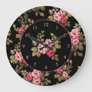 Grande Horloge Ronde Élégant rose Vintage Roses-Black Arrière - plan
