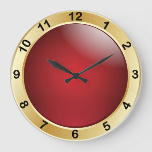 Grande Horloge Ronde Elégant rouge et or avec chiffres noirs