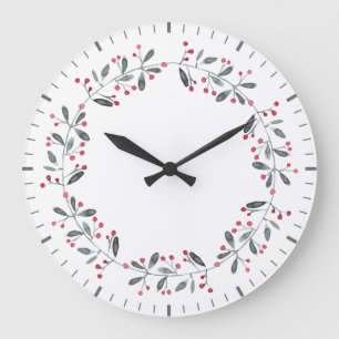 Grande Horloge Ronde Élégant rouge & vert Holly Wreath Noël