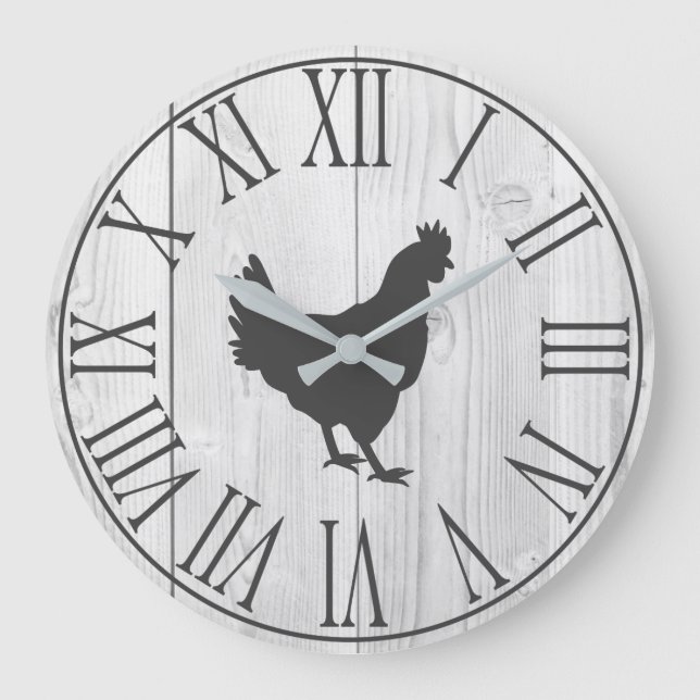 Grande Horloge Ronde Elegant Rustic Farmhouse Faux White Wood & Hen (Recto)