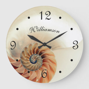 Grande Horloge Ronde Elégant Shell Beige Nom de famille Côtier