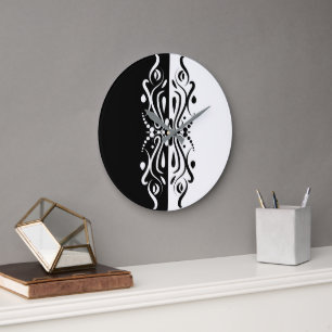 Grande Horloge Ronde Élégant style arlequin Abstrait noir et blanc