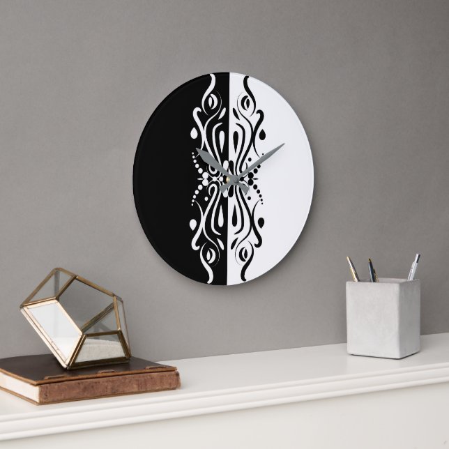 Grande Horloge Ronde Élégant style arlequin Abstrait noir et blanc (Bureau)