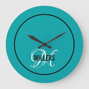 Grande Horloge Ronde Elegant teal black monogram family name 