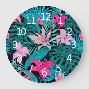 Grande Horloge Ronde Elegant Tropical Hibiscus Flowers and Leaves  