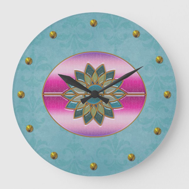 Grande Horloge Ronde Elegant Turquoise & Pink Art Deco Wall Clock (Recto)