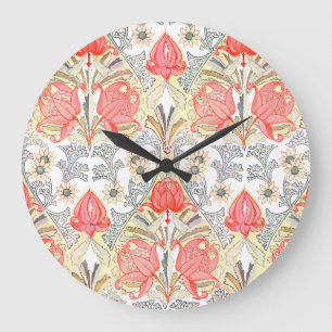 Grande Horloge Ronde Élégant Vintage Coral Fleurs rouges Motif