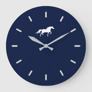 Grande Horloge Ronde Elegant White Horse Silhouette on Navy Blue