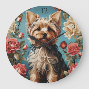 Grande Horloge Ronde Elégant Yorkshire Terrier Portrait Rose Garden