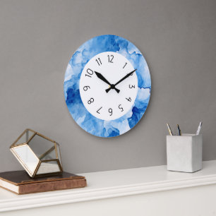 Grande Horloge Ronde Elégante aquarelle bleu simple
