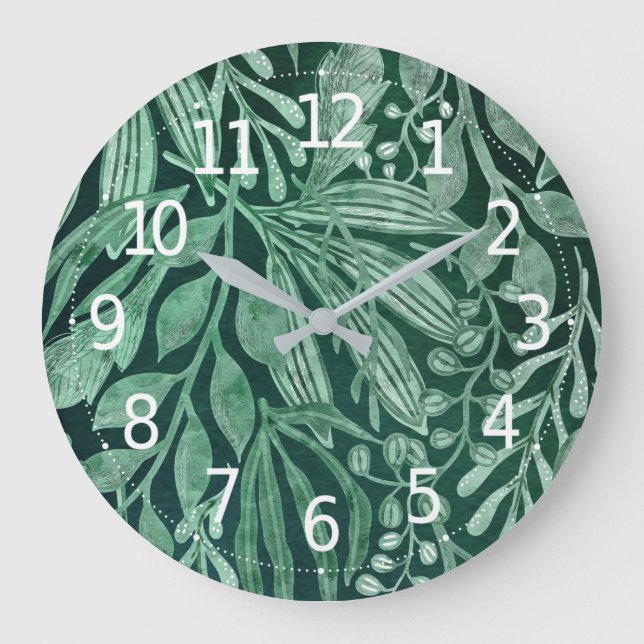 Grande Horloge Ronde Elégante aquarelle Botanique Vert Feuille (Recto)