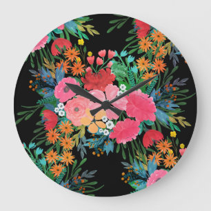 Grande Horloge Ronde Elégante aquarelle rose Bouquet floral Conception