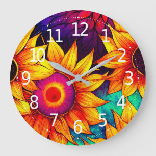 Grande Horloge Ronde Elégante Artwork colorée de fleurs de tournesol
