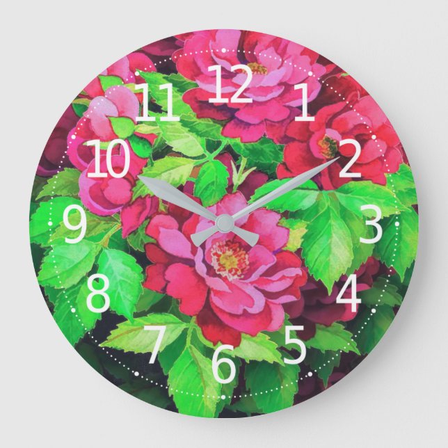Grande Horloge Ronde Élégante Fleurs Florales Roses Acryliques | (Recto)