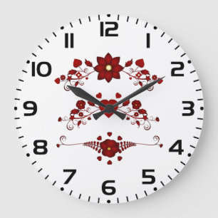 Grande Horloge Ronde Élégante Floraison Rouge Profond