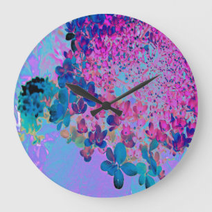 Grande Horloge Ronde Élégante Hortensia Limelight Bleu Foncé et Magenta