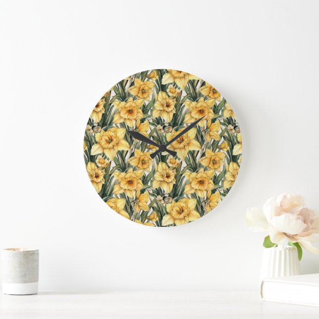 Grande Horloge Ronde Elégante jonquille Jaune Aquarelle Fleurs (Maison)
