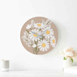 Grande Horloge Ronde Elégante marguerite florale blanche sur beige