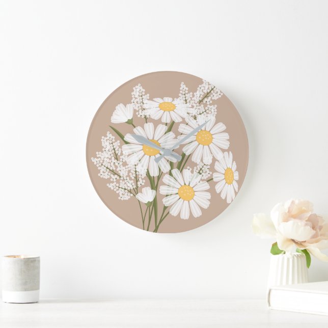 Grande Horloge Ronde Elégante marguerite florale blanche sur beige (Maison)