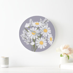 Grande Horloge Ronde Élégante marguerite florale blanche sur la lavande