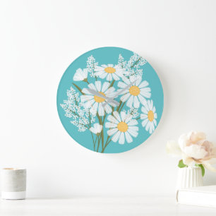 Grande Horloge Ronde Elégante marguerite florale blanche sur Turquoise