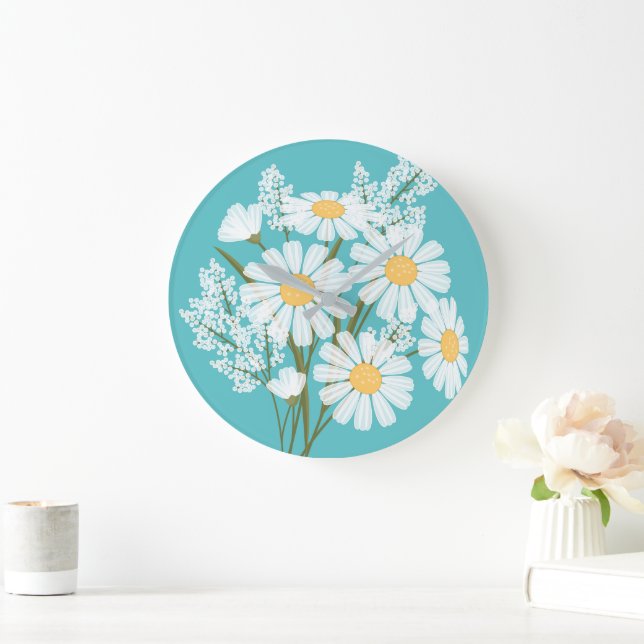 Grande Horloge Ronde Elégante marguerite florale blanche sur Turquoise (Maison)