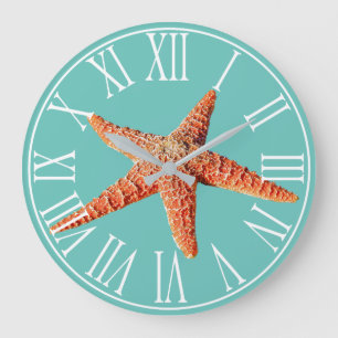 Grande Horloge Ronde Elégante mer Côtière Vert & Orange Estarfish