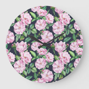Grande Horloge Ronde Élégantes branches Roses Aquarelle