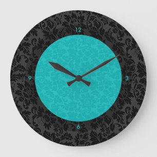 Grande Horloge Ronde Élégants Damassés Floraux Noirs et Turquoise